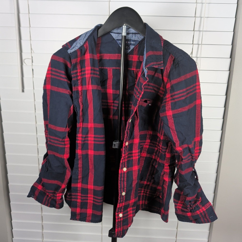 Tommy Hilfiger Flannel Button Down Women S Red Black Plaid Long Sleeve Excellent